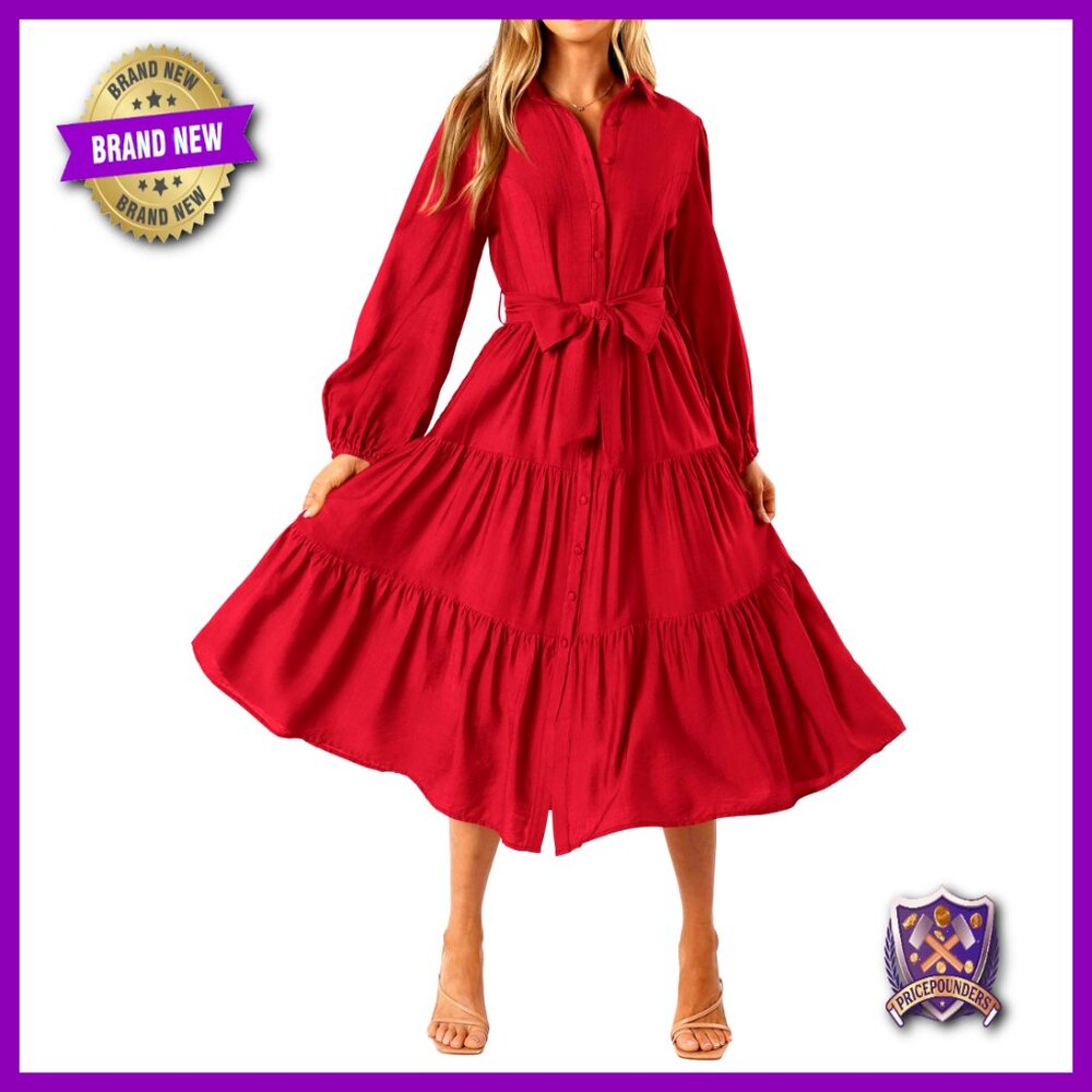Long Sleeve Midi Dress V Neck Button Down Tiered Flowy A-Line Tie Waist Casual